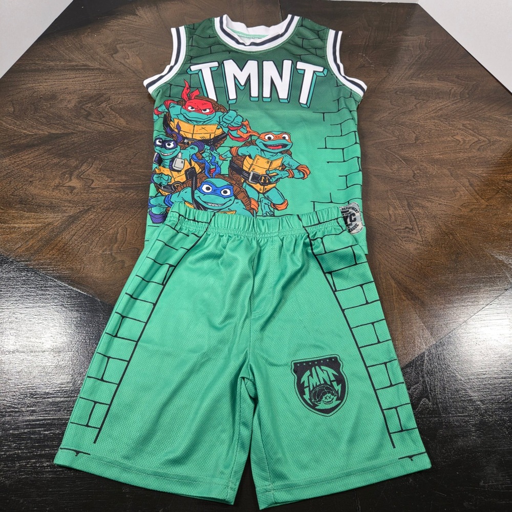 Nickelodeon Green TMNT Jersey Shorts Set Kids Size 6 Mutant Mayhem Graphic